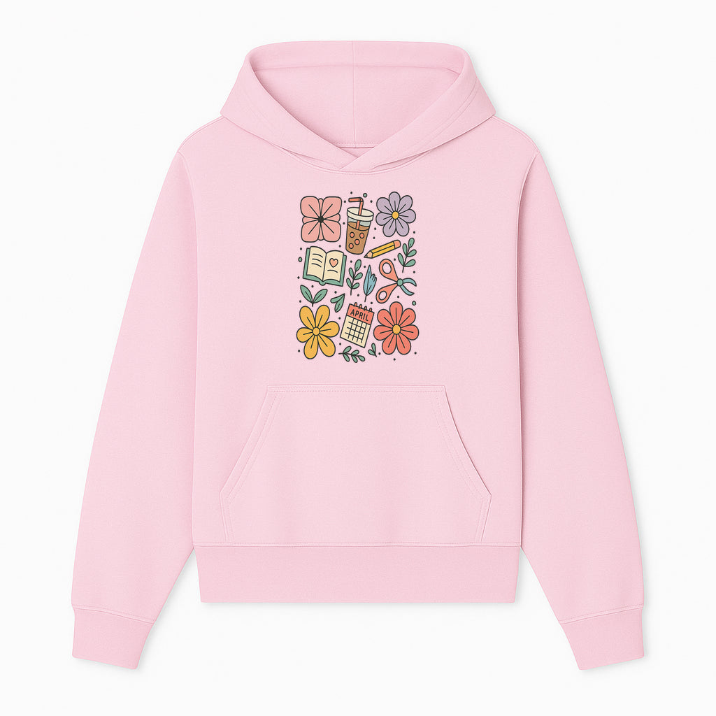 Colorful Spring Doodles Print - Flowers, Book, Scissors, Calendar - April Theme - Cute Stationery Decor - Wall Art for Home or Office - Hoodie 1758093359143.jpg