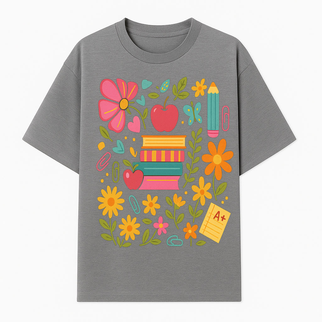 Colorful Back-to-School Illustration with Books, Flowers, and Apples, Perfect for Classroom Decor or Stationery - T-shirt 1758093359167.jpg
