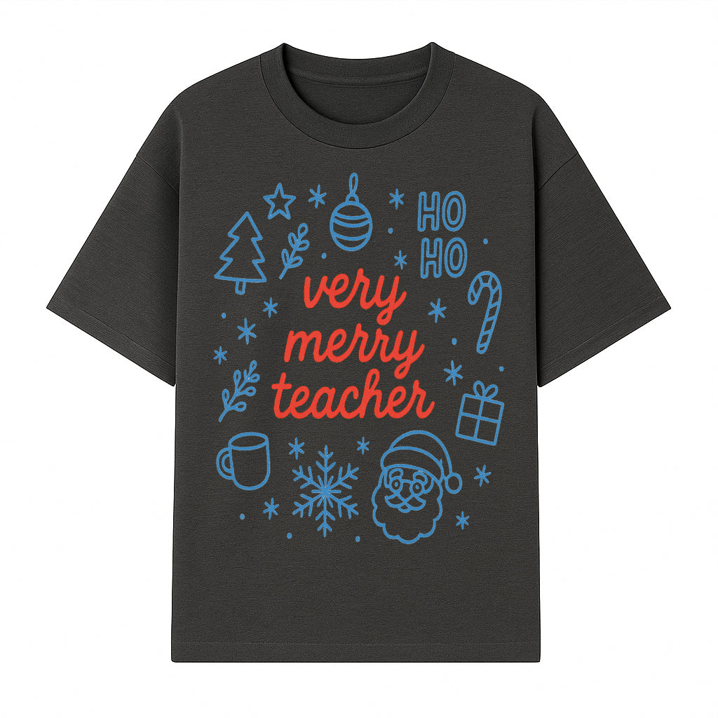 Very Merry Teacher Christmas Design - Festive Holiday Gift, Teacher Appreciation, Cute Santa, and Winter Elements - T-shirt 1758093359218.jpg