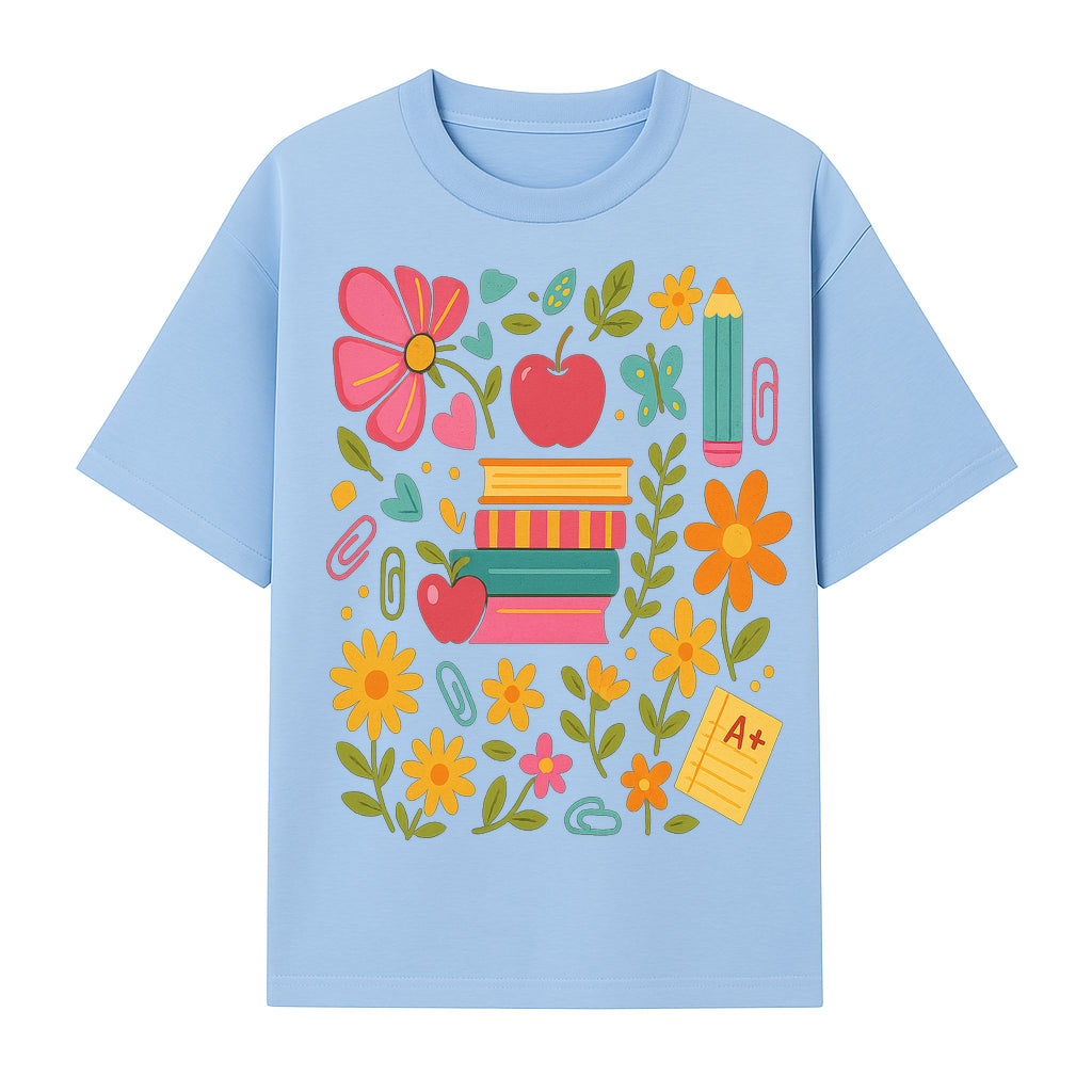 Colorful Back-to-School Illustration with Books, Flowers, and Apples, Perfect for Classroom Decor or Stationery - T-shirt 1758093359349.jpg