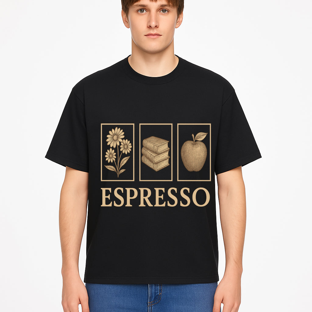 Vintage Espresso Art Print with Flowers, Books, and Apple - Cozy Home Decor for Coffee Lovers and Book Enthusiasts - T-shirt 1758093359381.jpg