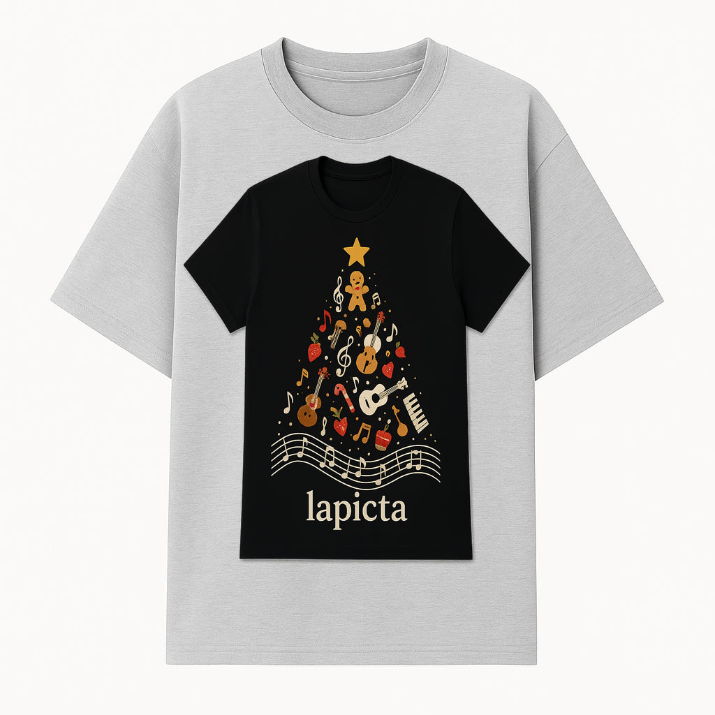 Music-Themed Christmas Tree T-Shirt, Musical Notes & Gingerbread Design, Holiday Apparel for Music Lovers, Casual Festive Tee - T-shirt 1758093359412.jpg