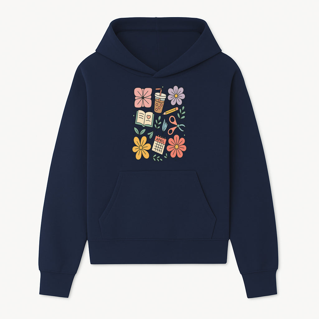 Colorful Spring Doodles Print - Flowers, Book, Scissors, Calendar - April Theme - Cute Stationery Decor - Wall Art for Home or Office - Hoodie 1758093359485.jpg