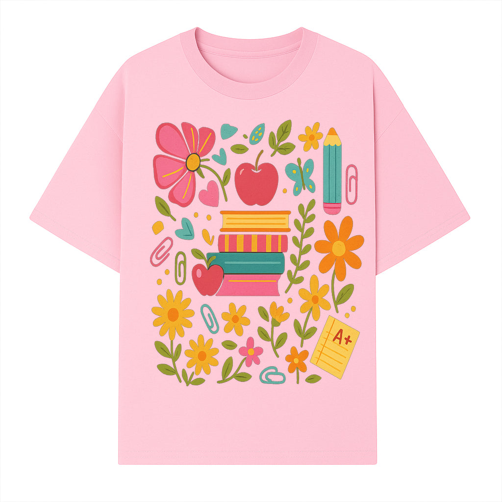 Colorful Back-to-School Illustration with Books, Flowers, and Apples, Perfect for Classroom Decor or Stationery - T-shirt 1758093359513.jpg