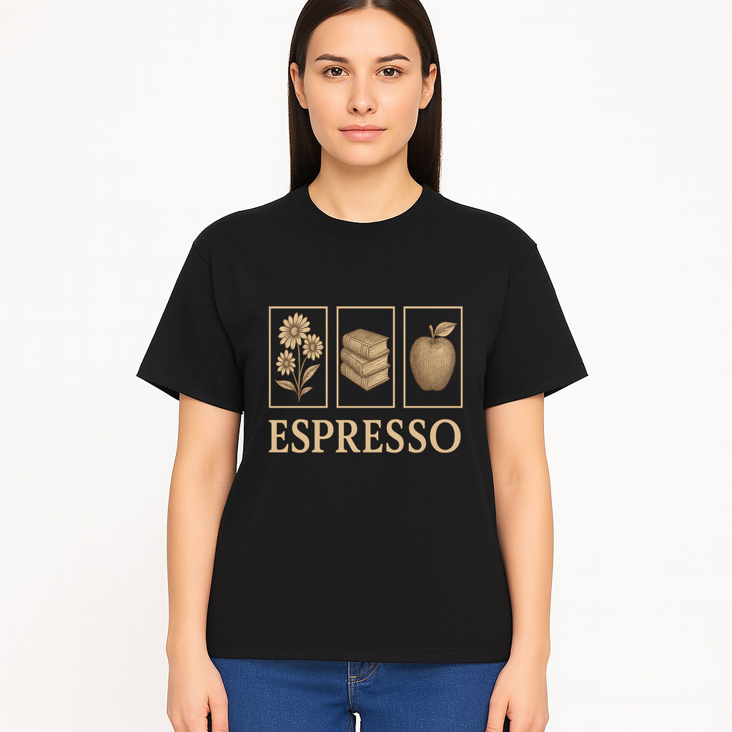 Vintage Espresso Art Print with Flowers, Books, and Apple - Cozy Home Decor for Coffee Lovers and Book Enthusiasts - T-shirt 1758093359544.jpg