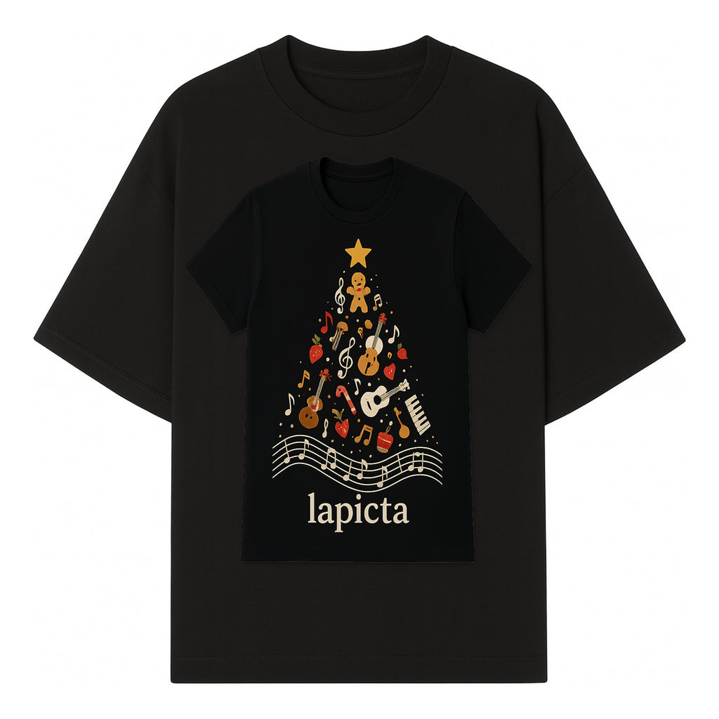Music-Themed Christmas Tree T-Shirt, Musical Notes & Gingerbread Design, Holiday Apparel for Music Lovers, Casual Festive Tee - T-shirt 1758093359582.jpg