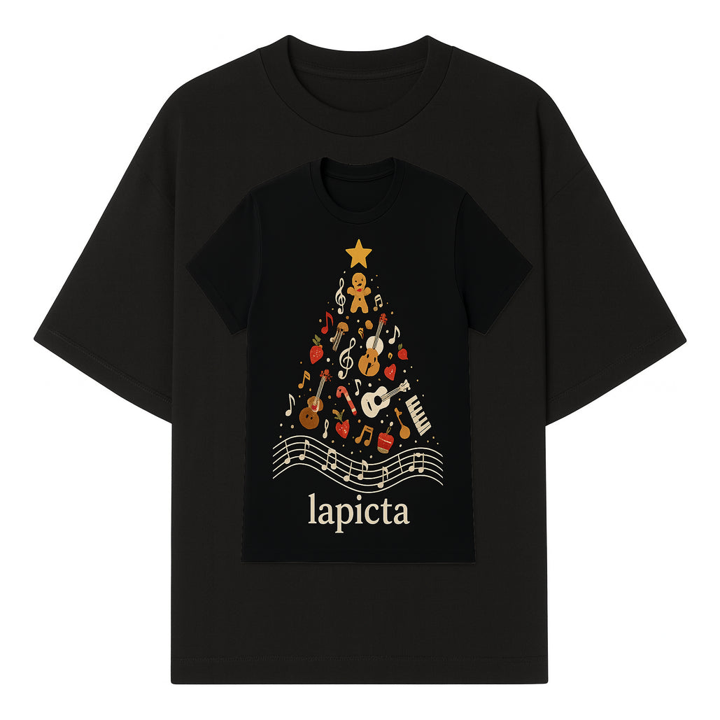 Music-Themed Christmas Tree T-Shirt, Musical Notes & Gingerbread Design, Holiday Apparel for Music Lovers, Casual Festive Tee - T-shirt 1758093359582.jpg