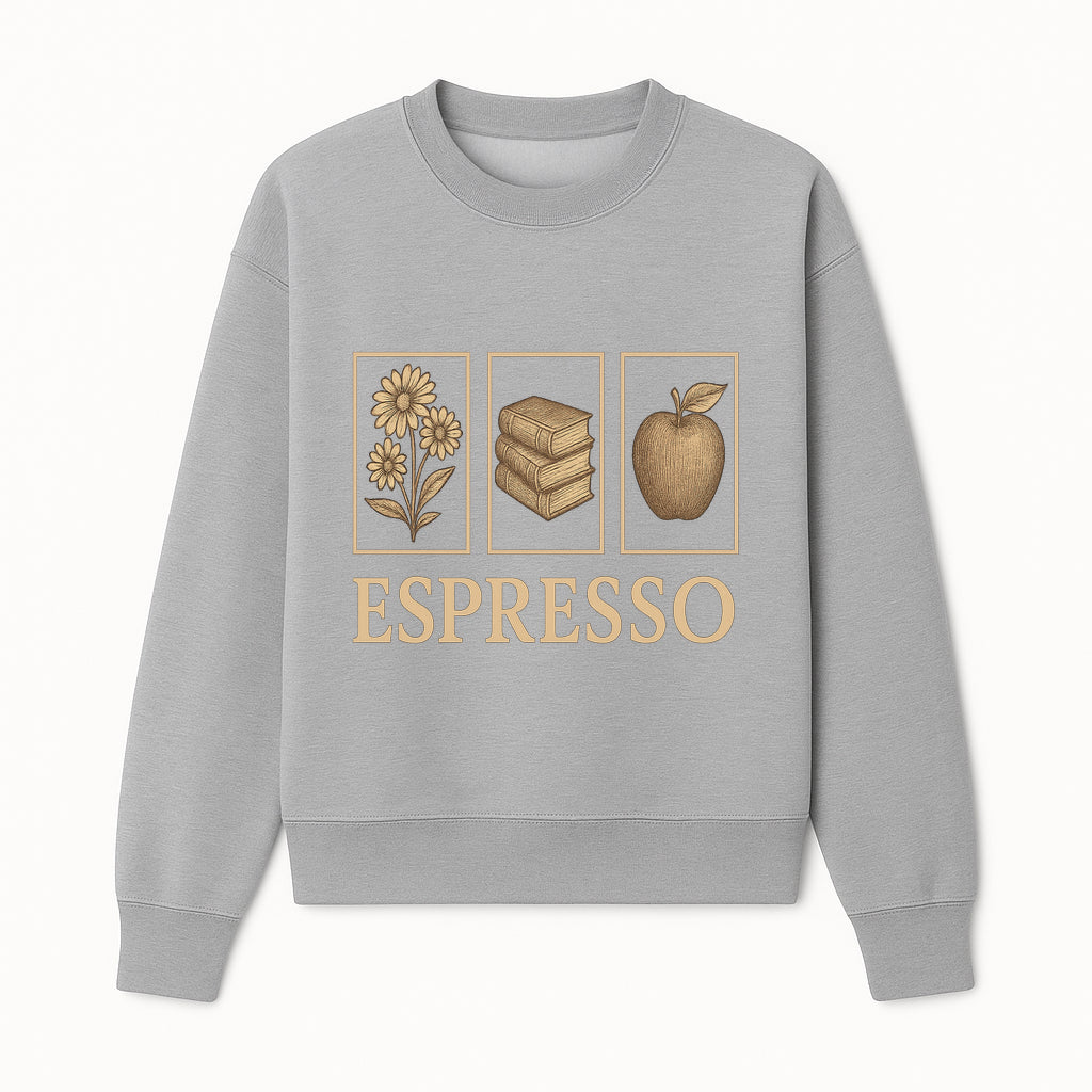 Vintage Espresso Art Print with Flowers, Books, and Apple - Cozy Home Decor for Coffee Lovers and Book Enthusiasts - Sweatshirt 1758093359696.jpg