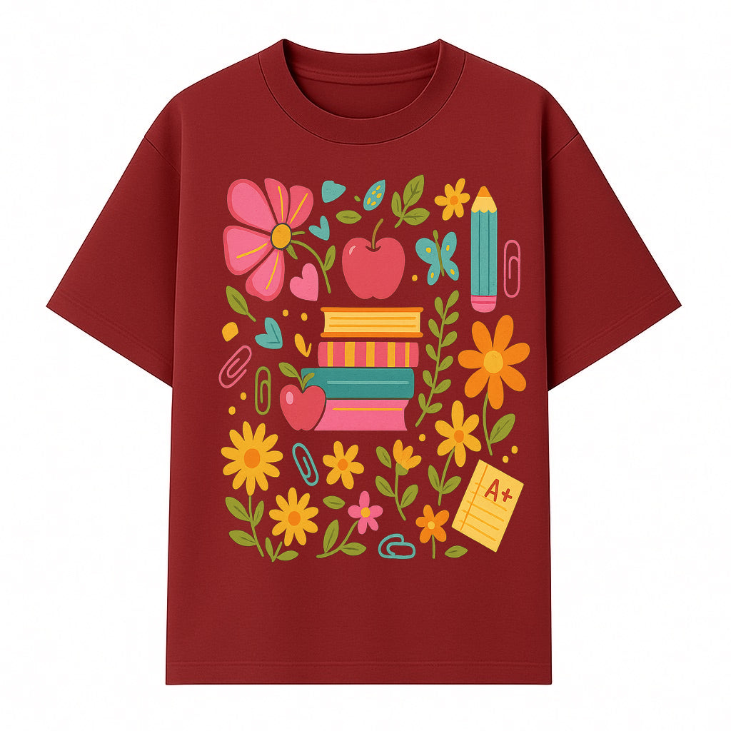 Colorful Back-to-School Illustration with Books, Flowers, and Apples, Perfect for Classroom Decor or Stationery - T-shirt 1758093359735.jpg