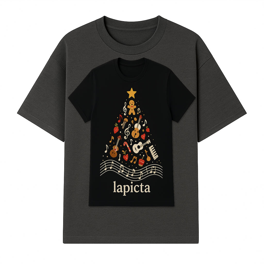 Music-Themed Christmas Tree T-Shirt, Musical Notes & Gingerbread Design, Holiday Apparel for Music Lovers, Casual Festive Tee - T-shirt 1758093359750.jpg