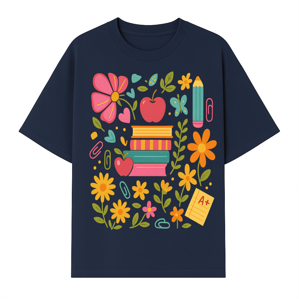 Colorful Back-to-School Illustration with Books, Flowers, and Apples, Perfect for Classroom Decor or Stationery - T-shirt 1758093359859.jpg