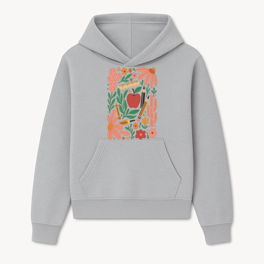 Back to School Art Print, Colorful Classroom Decor, Floral and Cactus Design, Apple, Pencils and Flowers, Nursery Wall Art - Hoodie 1758093359859.jpg