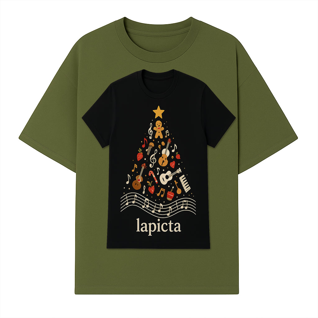 Music-Themed Christmas Tree T-Shirt, Musical Notes & Gingerbread Design, Holiday Apparel for Music Lovers, Casual Festive Tee - T-shirt 1758093359927.jpg