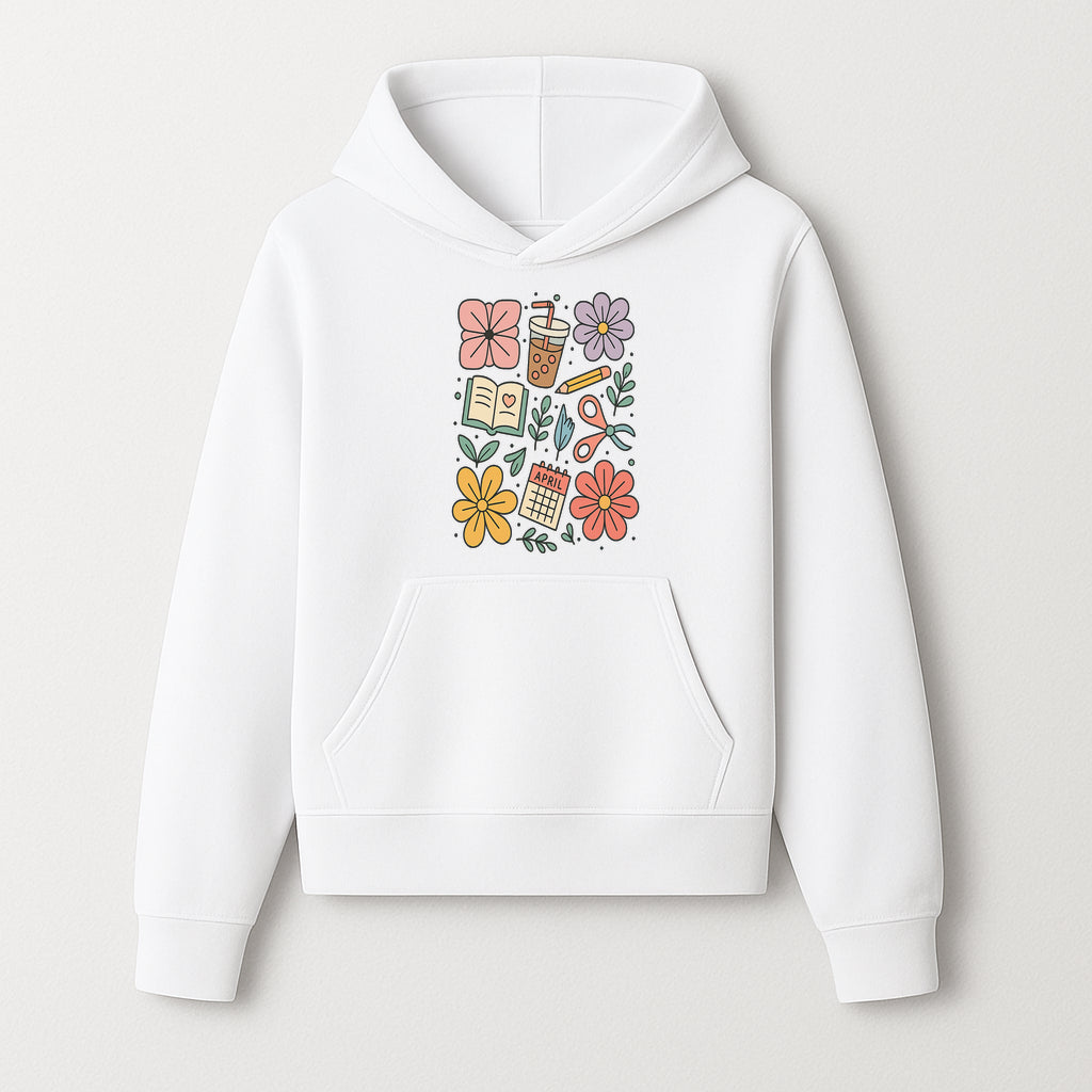 Colorful Spring Doodles Print - Flowers, Book, Scissors, Calendar - April Theme - Cute Stationery Decor - Wall Art for Home or Office - Hoodie 1758093360008.jpg