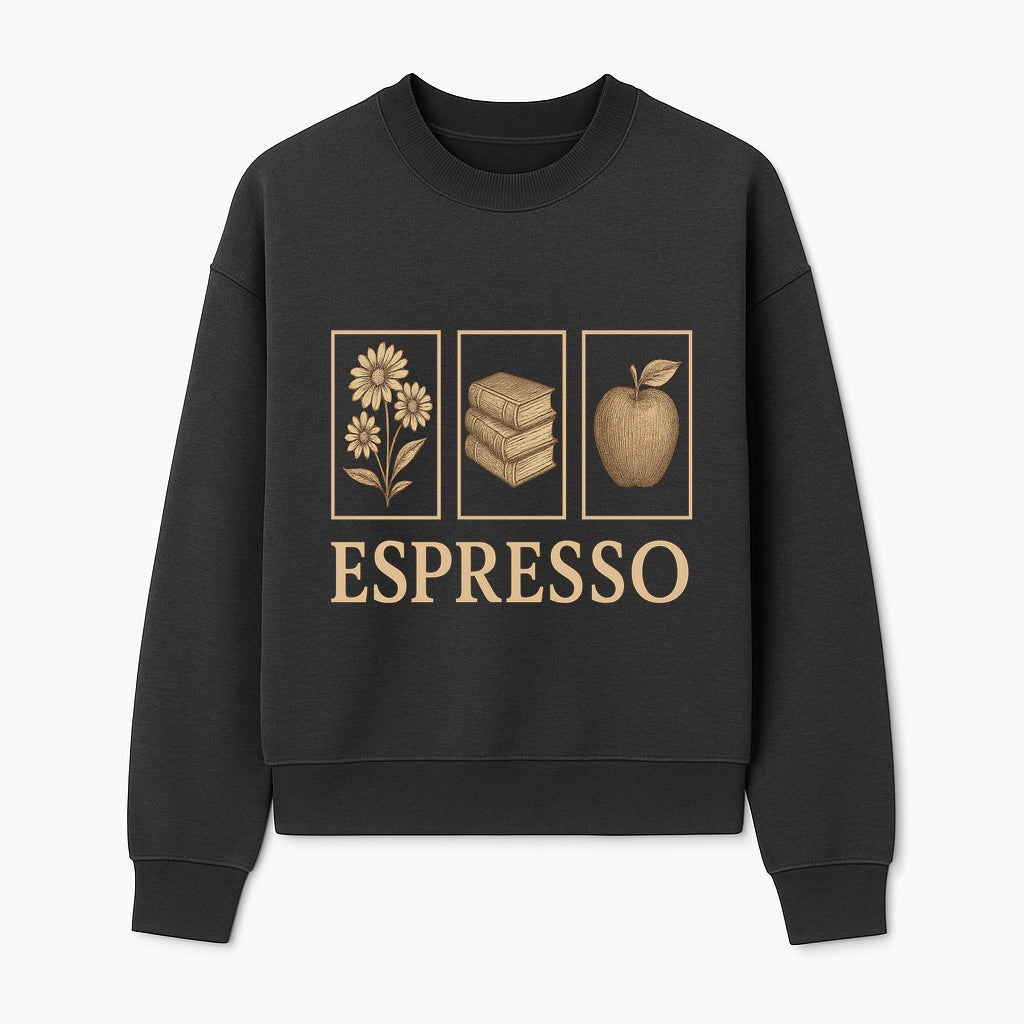 Vintage Espresso Art Print with Flowers, Books, and Apple - Cozy Home Decor for Coffee Lovers and Book Enthusiasts - Sweatshirt 1758093360018.jpg