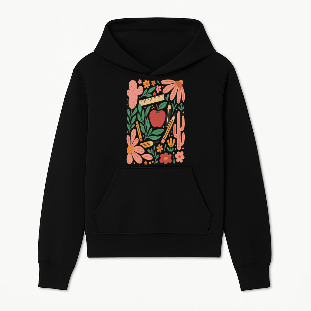 Back to School Art Print, Colorful Classroom Decor, Floral and Cactus Design, Apple, Pencils and Flowers, Nursery Wall Art - Hoodie 1758093360026.jpg