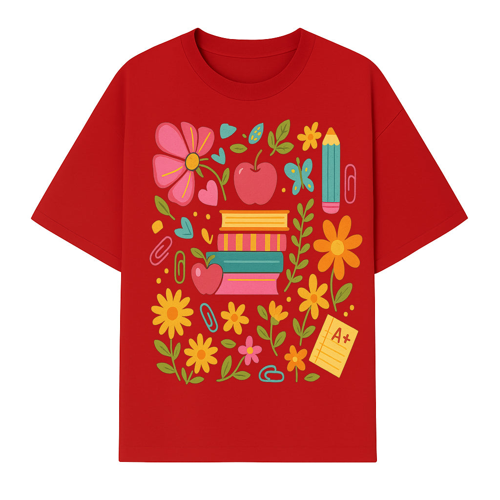 Colorful Back-to-School Illustration with Books, Flowers, and Apples, Perfect for Classroom Decor or Stationery - T-shirt 1758093360037.jpg