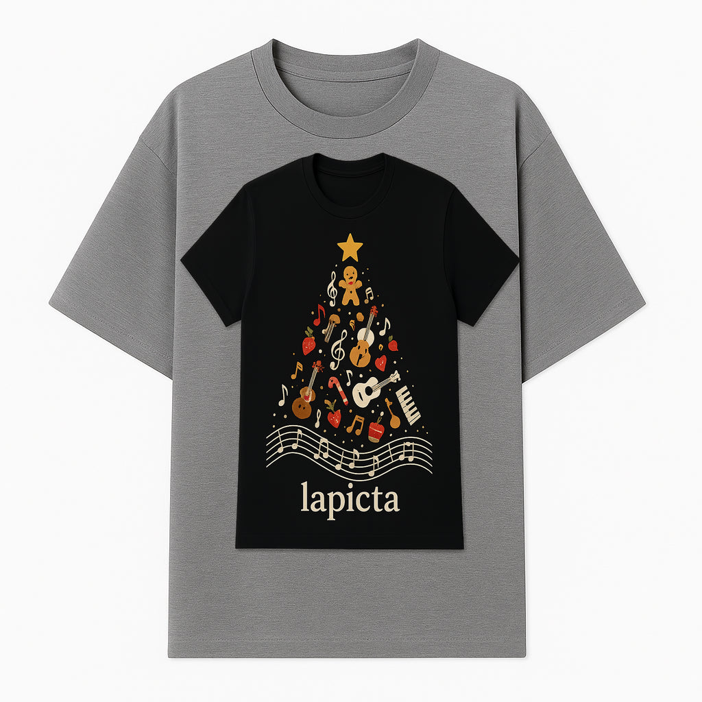 Music-Themed Christmas Tree T-Shirt, Musical Notes & Gingerbread Design, Holiday Apparel for Music Lovers, Casual Festive Tee - T-shirt 1758093360092.jpg