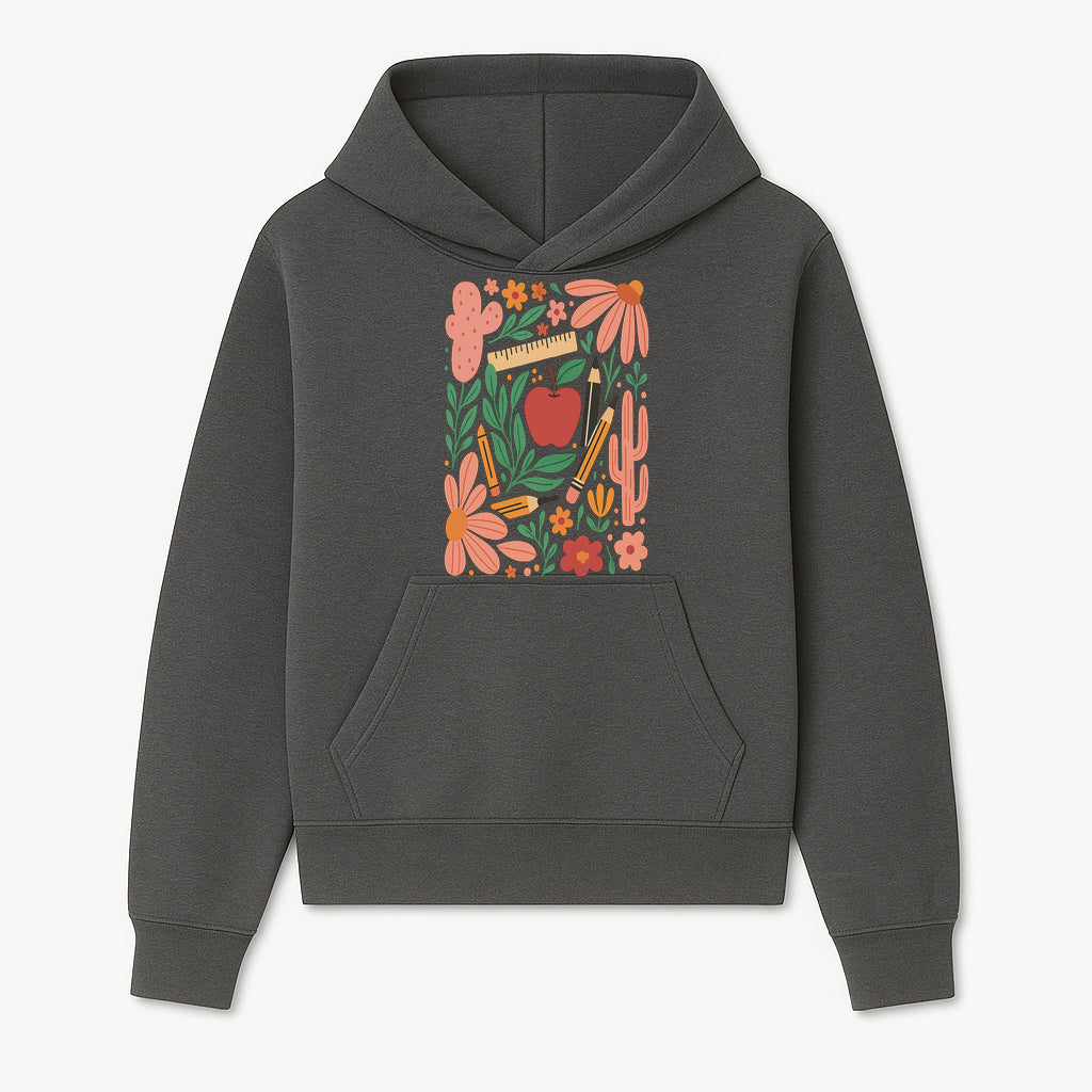 Back to School Art Print, Colorful Classroom Decor, Floral and Cactus Design, Apple, Pencils and Flowers, Nursery Wall Art - Hoodie 1758093360183.jpg