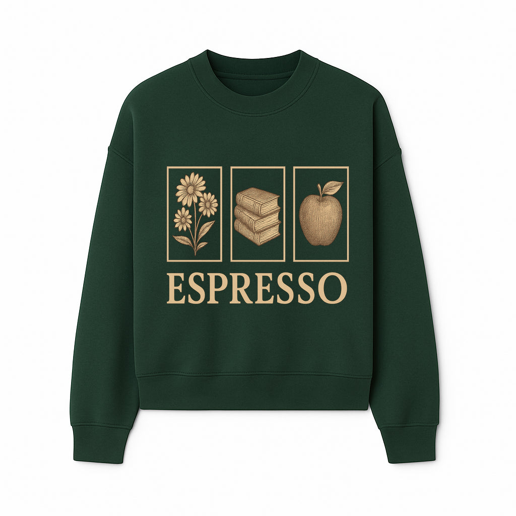 Vintage Espresso Art Print with Flowers, Books, and Apple - Cozy Home Decor for Coffee Lovers and Book Enthusiasts - Sweatshirt 1758093360193.jpg