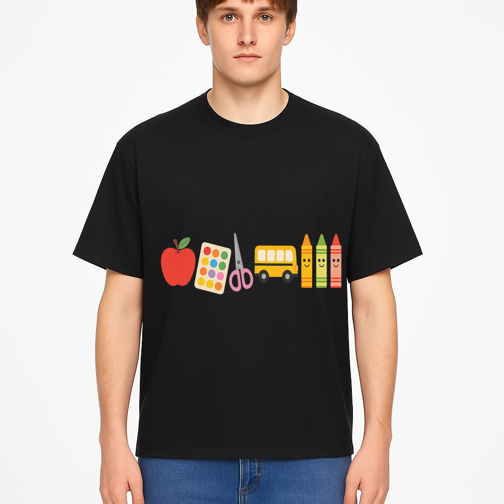 Colorful Kids' School Supplies Wall Art D cor - Apple, Crayons, Scissors & Bus - Classroom or Playroom Decoration - T-shirt 1758093360249.jpg