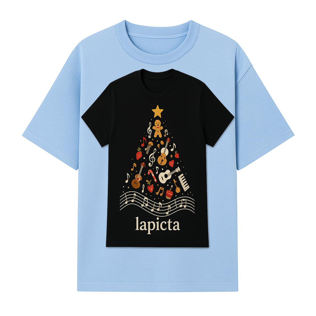 Music-Themed Christmas Tree T-Shirt, Musical Notes & Gingerbread Design, Holiday Apparel for Music Lovers, Casual Festive Tee - T-shirt 1758093360267.jpg