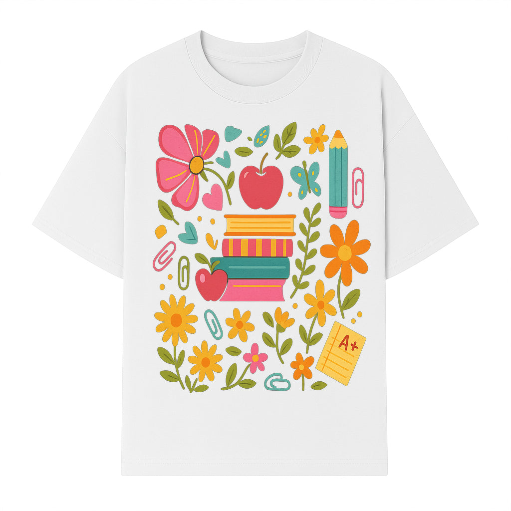 Colorful Back-to-School Illustration with Books, Flowers, and Apples, Perfect for Classroom Decor or Stationery - T-shirt 1758093360340.jpg
