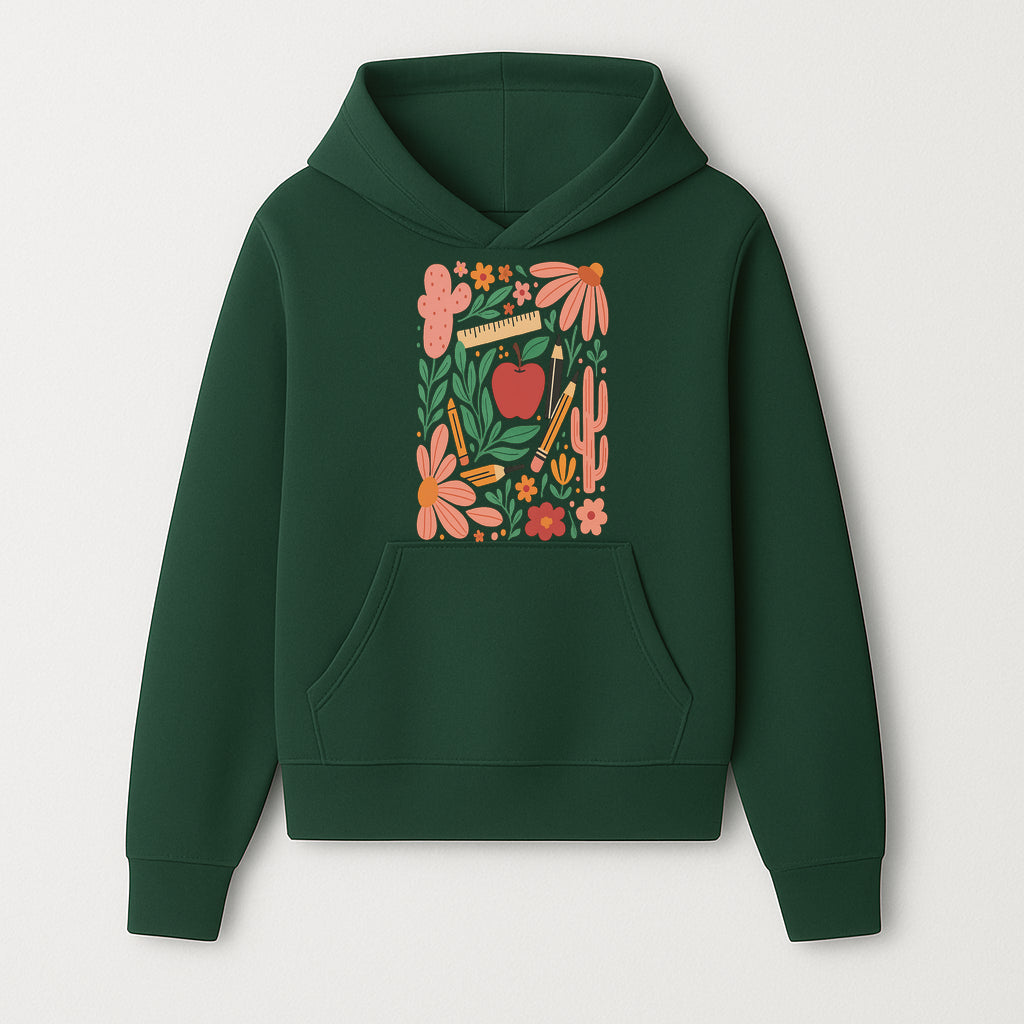 Back to School Art Print, Colorful Classroom Decor, Floral and Cactus Design, Apple, Pencils and Flowers, Nursery Wall Art - Hoodie 1758093360352.jpg