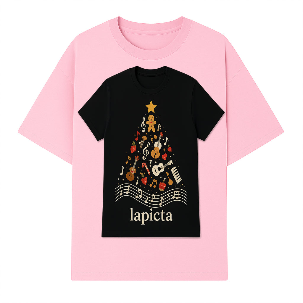 Music-Themed Christmas Tree T-Shirt, Musical Notes & Gingerbread Design, Holiday Apparel for Music Lovers, Casual Festive Tee - T-shirt 1758093360411.jpg
