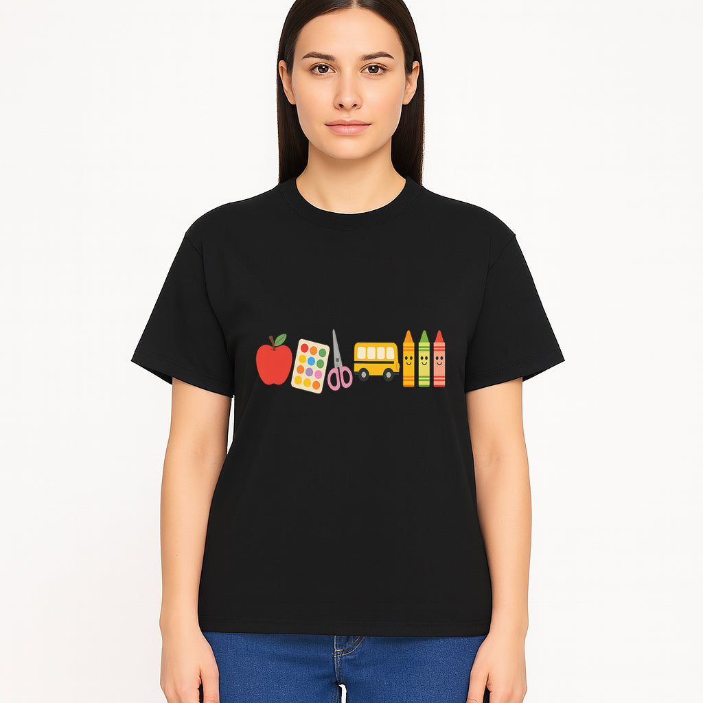 Colorful Kids' School Supplies Wall Art D cor - Apple, Crayons, Scissors & Bus - Classroom or Playroom Decoration - T-shirt 1758093360459.jpg
