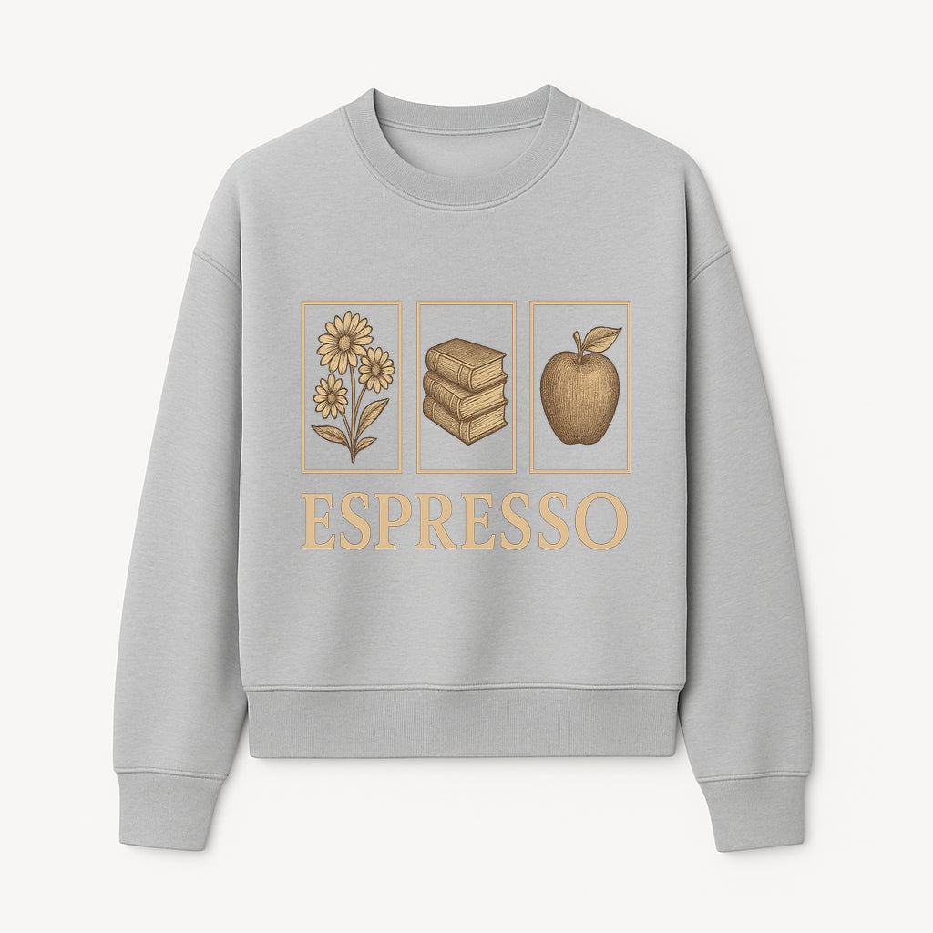 Vintage Espresso Art Print with Flowers, Books, and Apple - Cozy Home Decor for Coffee Lovers and Book Enthusiasts - Sweatshirt 1758093360464.jpg