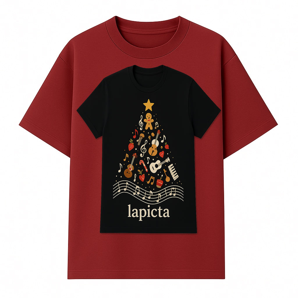 Music-Themed Christmas Tree T-Shirt, Musical Notes & Gingerbread Design, Holiday Apparel for Music Lovers, Casual Festive Tee - T-shirt 1758093360598.jpg