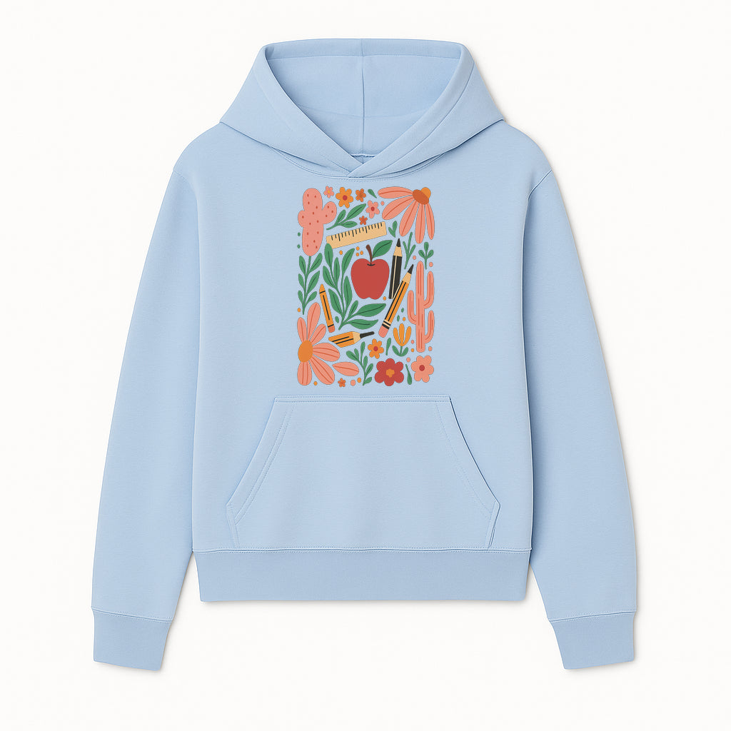 Back to School Art Print, Colorful Classroom Decor, Floral and Cactus Design, Apple, Pencils and Flowers, Nursery Wall Art - Hoodie 1758093360700.jpg