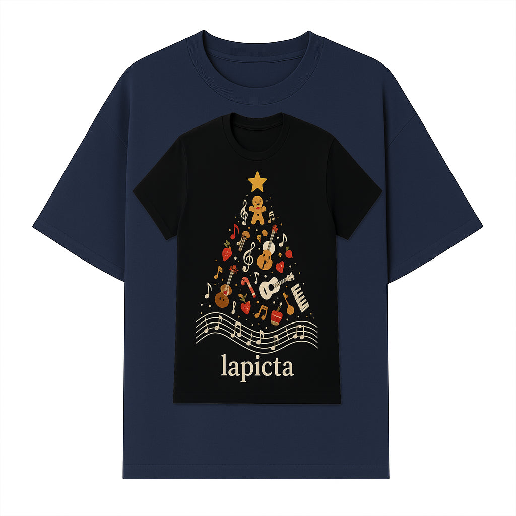 Music-Themed Christmas Tree T-Shirt, Musical Notes & Gingerbread Design, Holiday Apparel for Music Lovers, Casual Festive Tee - T-shirt 1758093360781.jpg