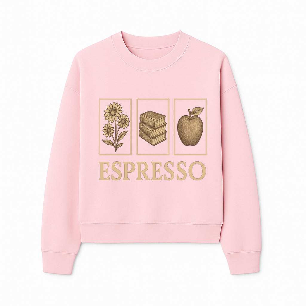 Vintage Espresso Art Print with Flowers, Books, and Apple - Cozy Home Decor for Coffee Lovers and Book Enthusiasts - Sweatshirt 1758093360845.jpg
