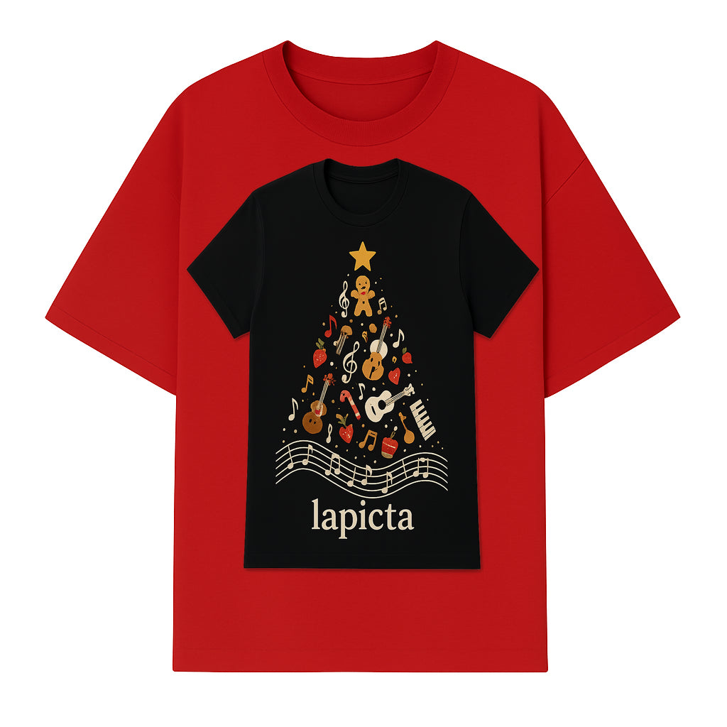 Music-Themed Christmas Tree T-Shirt, Musical Notes & Gingerbread Design, Holiday Apparel for Music Lovers, Casual Festive Tee - T-shirt 1758093360947.jpg