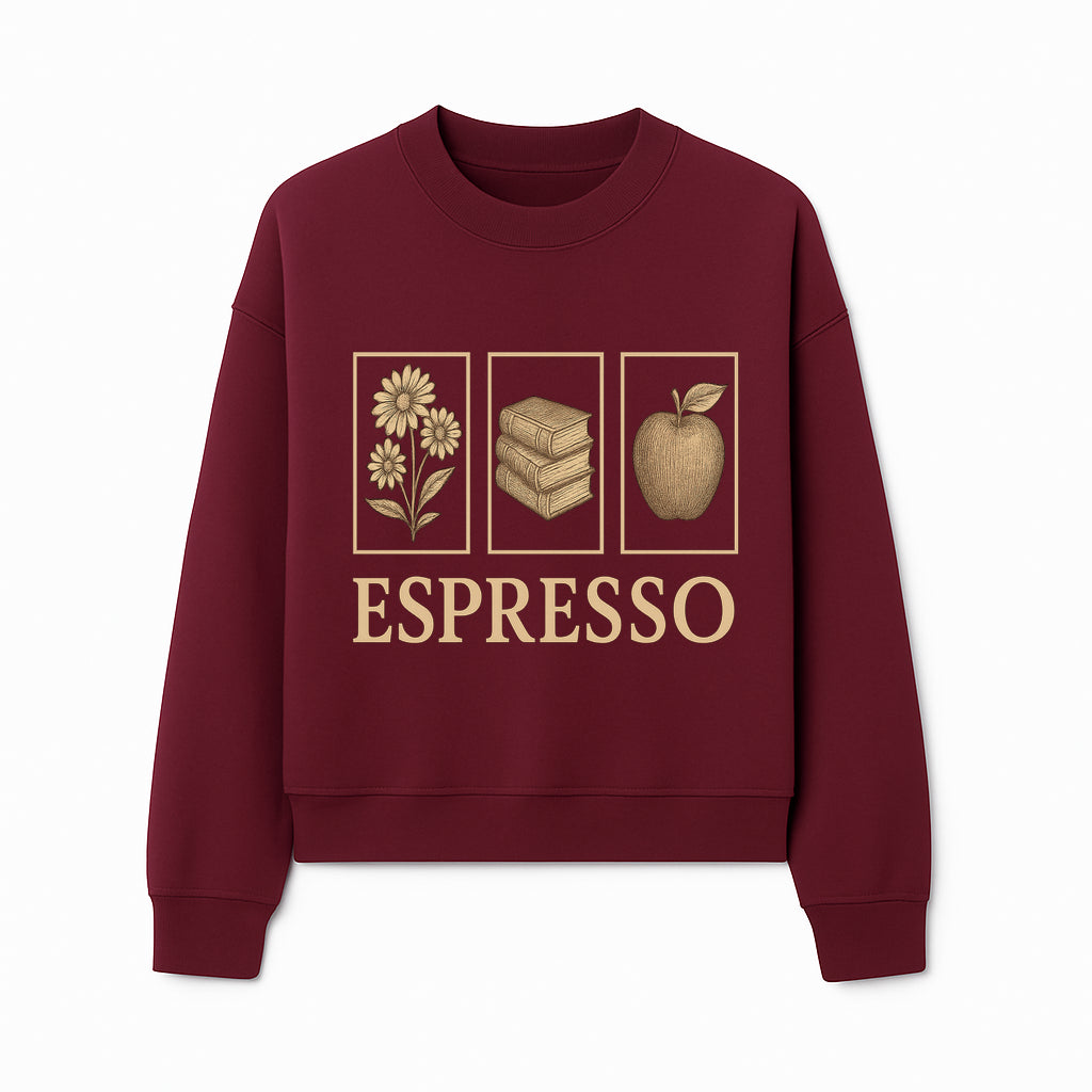 Vintage Espresso Art Print with Flowers, Books, and Apple - Cozy Home Decor for Coffee Lovers and Book Enthusiasts - Sweatshirt 1758093361031.jpg