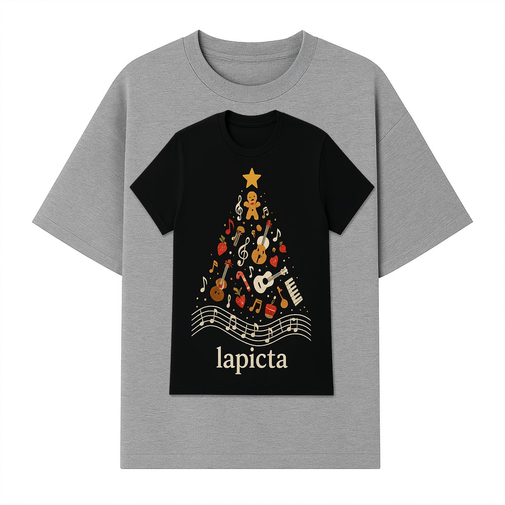 Music-Themed Christmas Tree T-Shirt, Musical Notes & Gingerbread Design, Holiday Apparel for Music Lovers, Casual Festive Tee - T-shirt 1758093361134.jpg