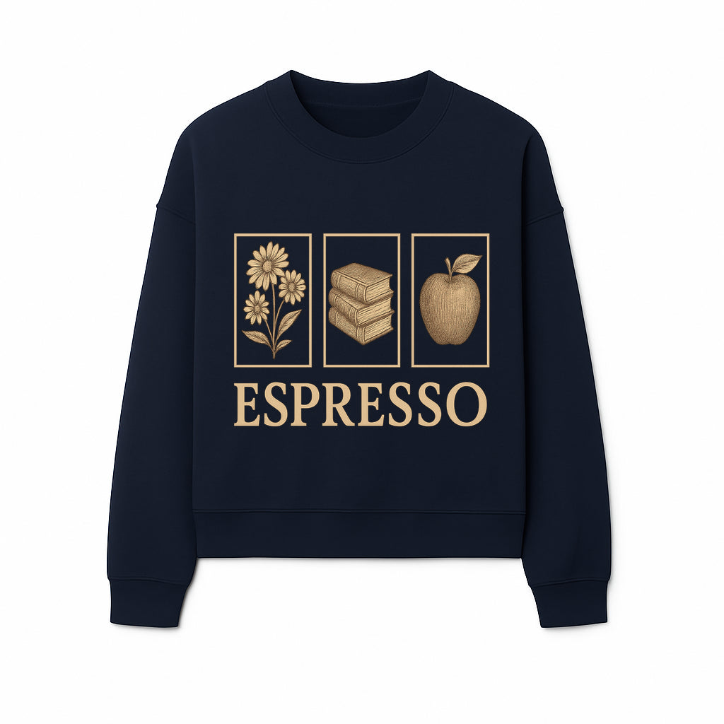 Vintage Espresso Art Print with Flowers, Books, and Apple - Cozy Home Decor for Coffee Lovers and Book Enthusiasts - Sweatshirt 1758093361242.jpg