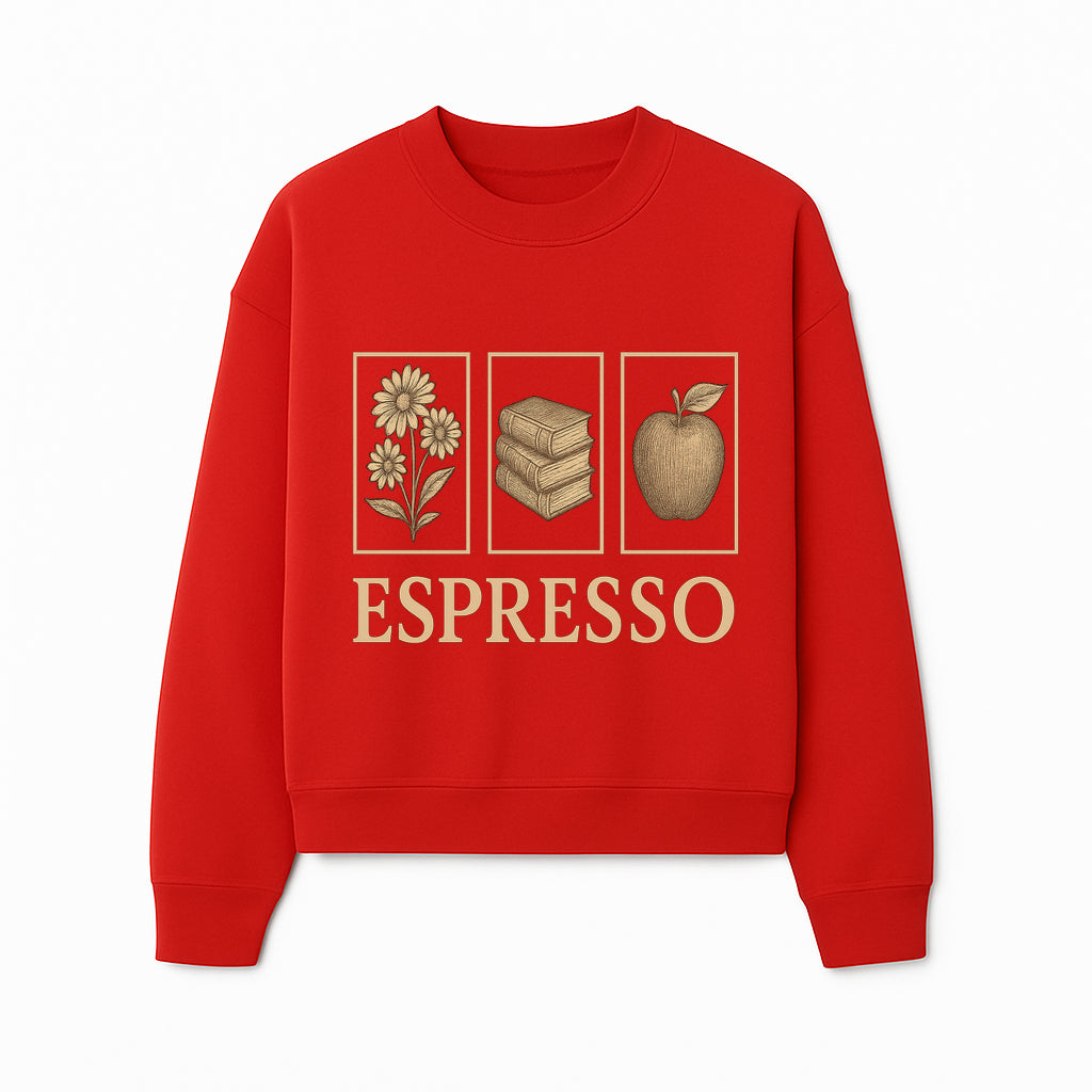 Vintage Espresso Art Print with Flowers, Books, and Apple - Cozy Home Decor for Coffee Lovers and Book Enthusiasts - Sweatshirt 1758093361415.jpg