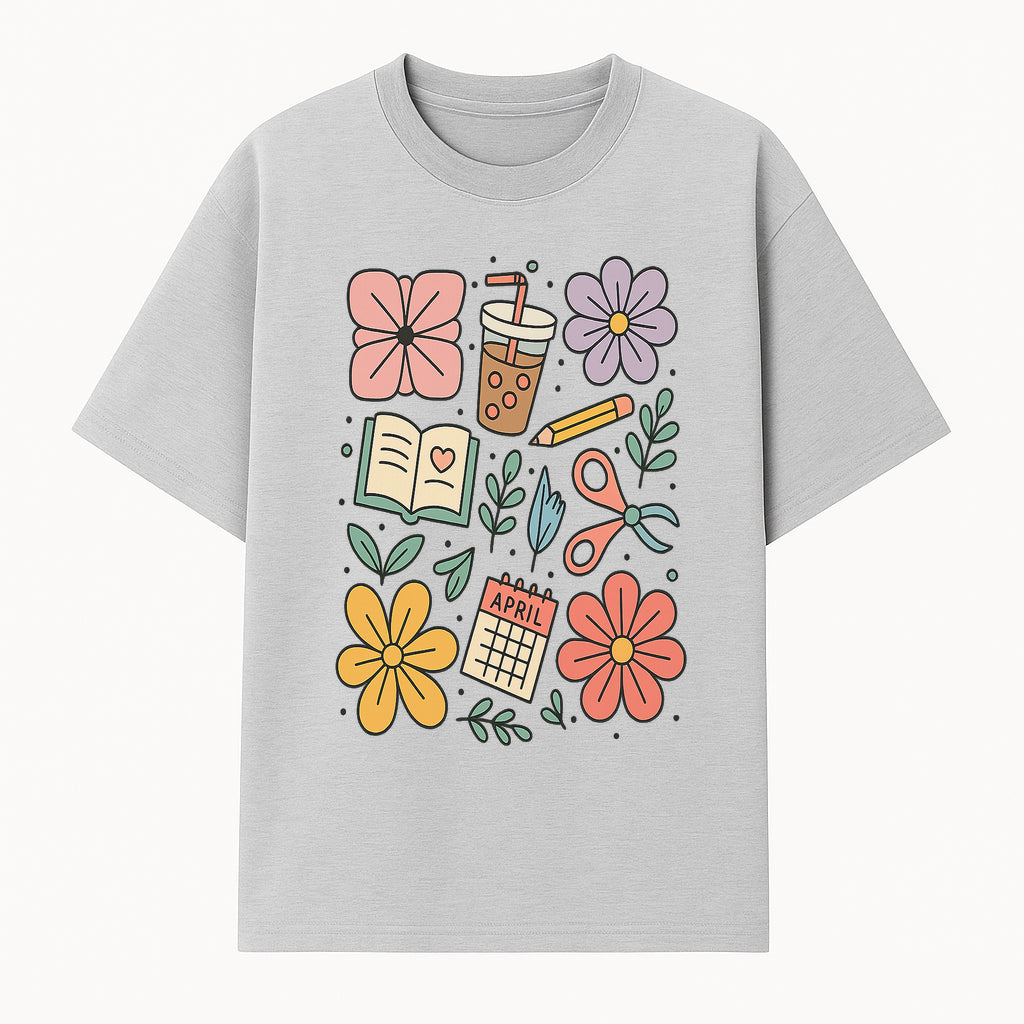 Colorful Spring Doodles Print - Flowers, Book, Scissors, Calendar - April Theme - Cute Stationery Decor - Wall Art for Home or Office - T-shirt 1758093361524.jpg