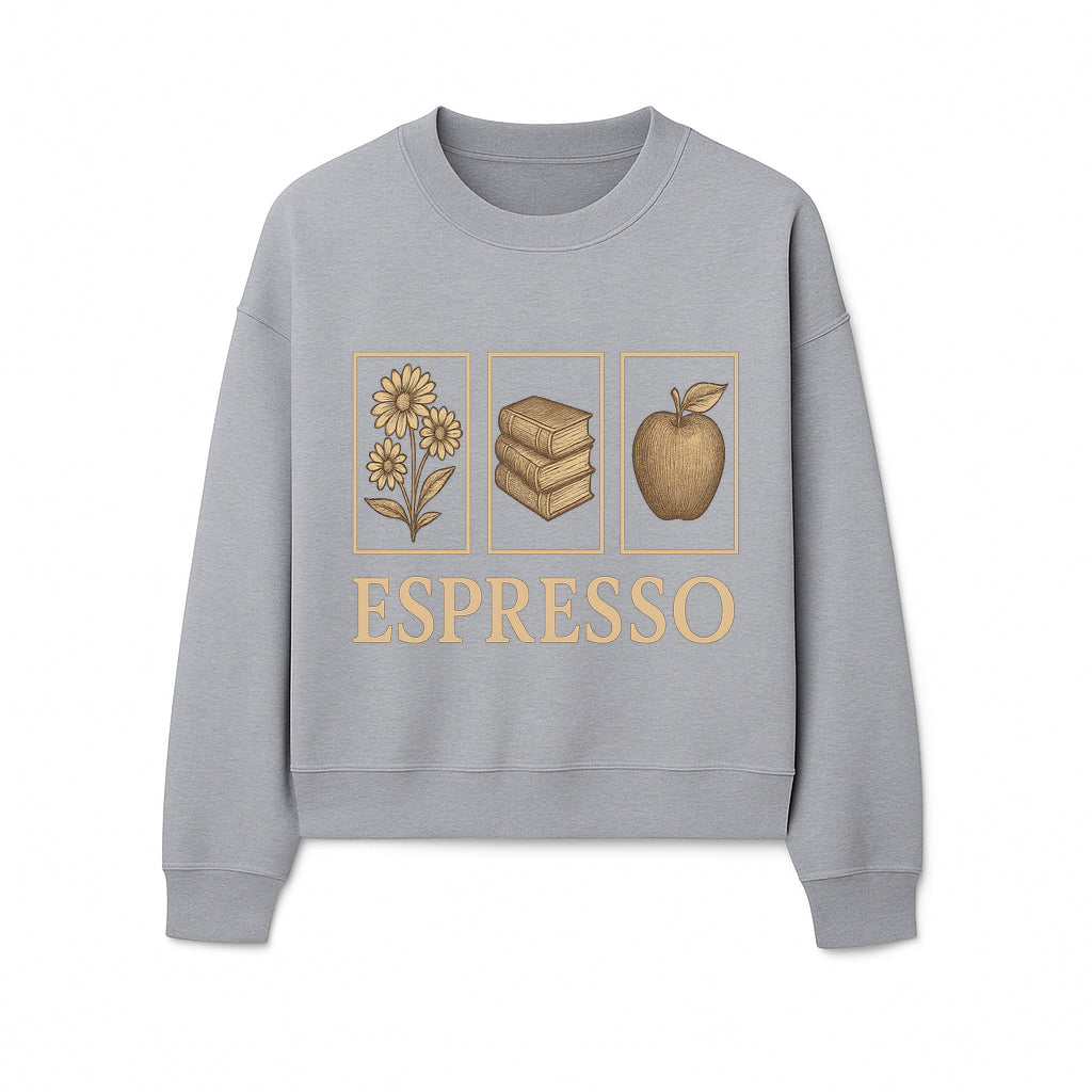 Vintage Espresso Art Print with Flowers, Books, and Apple - Cozy Home Decor for Coffee Lovers and Book Enthusiasts - Sweatshirt 1758093361595.jpg