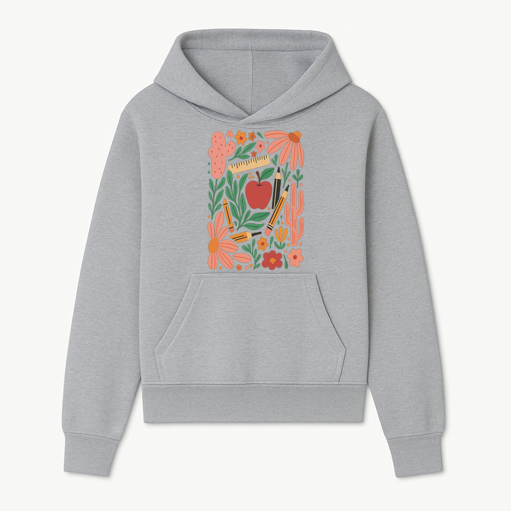 Back to School Art Print, Colorful Classroom Decor, Floral and Cactus Design, Apple, Pencils and Flowers, Nursery Wall Art - Hoodie 1758093361603.jpg