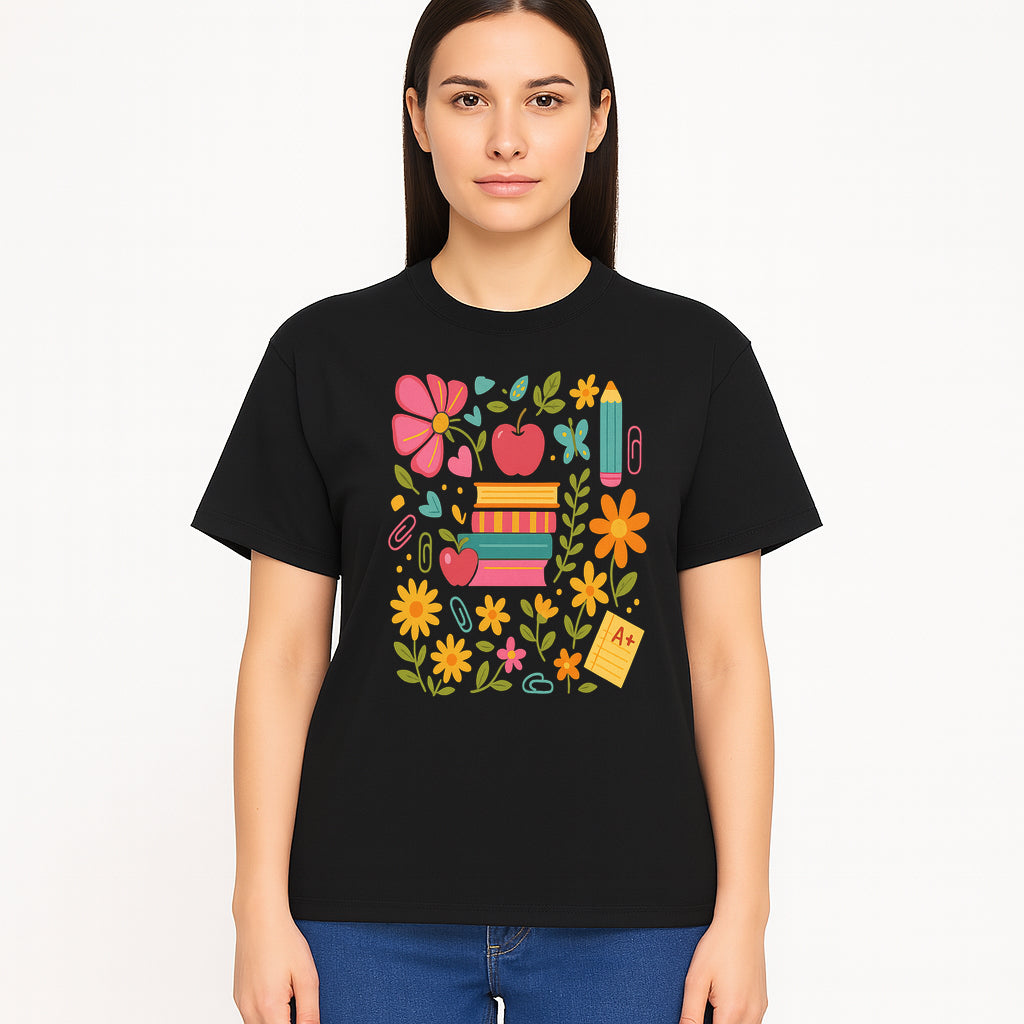 Colorful Back-to-School Illustration with Books, Flowers, and Apples, Perfect for Classroom Decor or Stationery - T-shirt 1758093361668.jpg