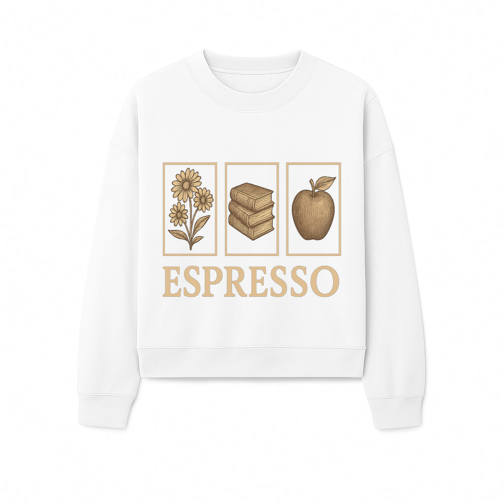 Vintage Espresso Art Print with Flowers, Books, and Apple - Cozy Home Decor for Coffee Lovers and Book Enthusiasts - Sweatshirt 1758093361784.jpg