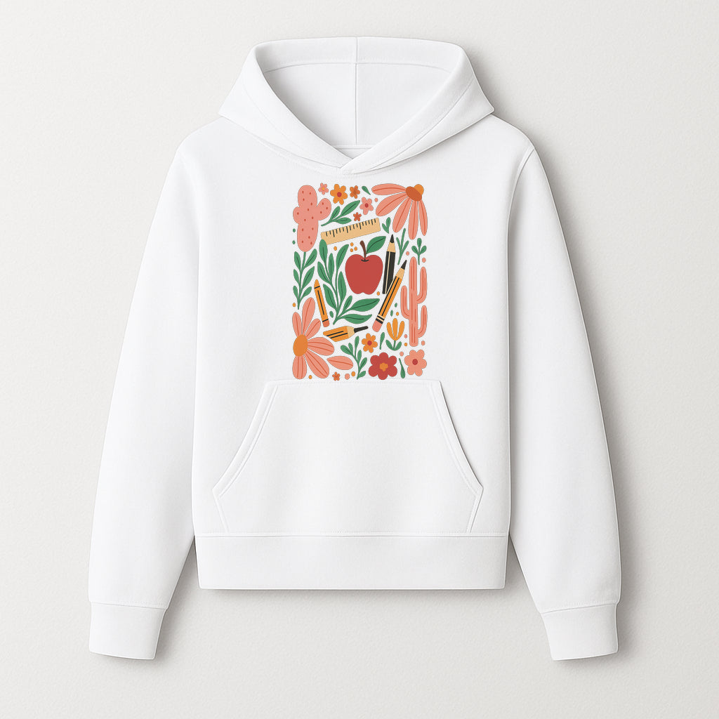 Back to School Art Print, Colorful Classroom Decor, Floral and Cactus Design, Apple, Pencils and Flowers, Nursery Wall Art - Hoodie 1758093361809.jpg