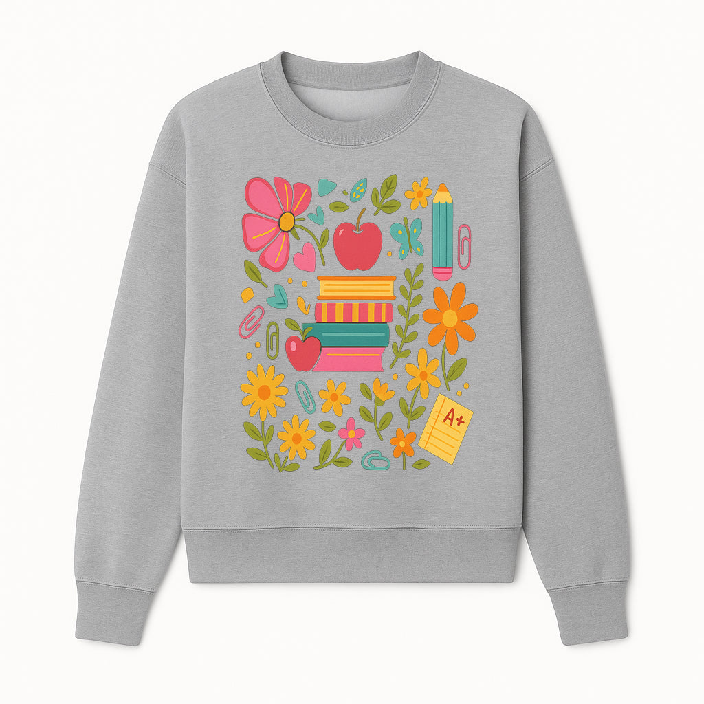 Colorful Back-to-School Illustration with Books, Flowers, and Apples, Perfect for Classroom Decor or Stationery - Sweatshirt 1758093361857.jpg