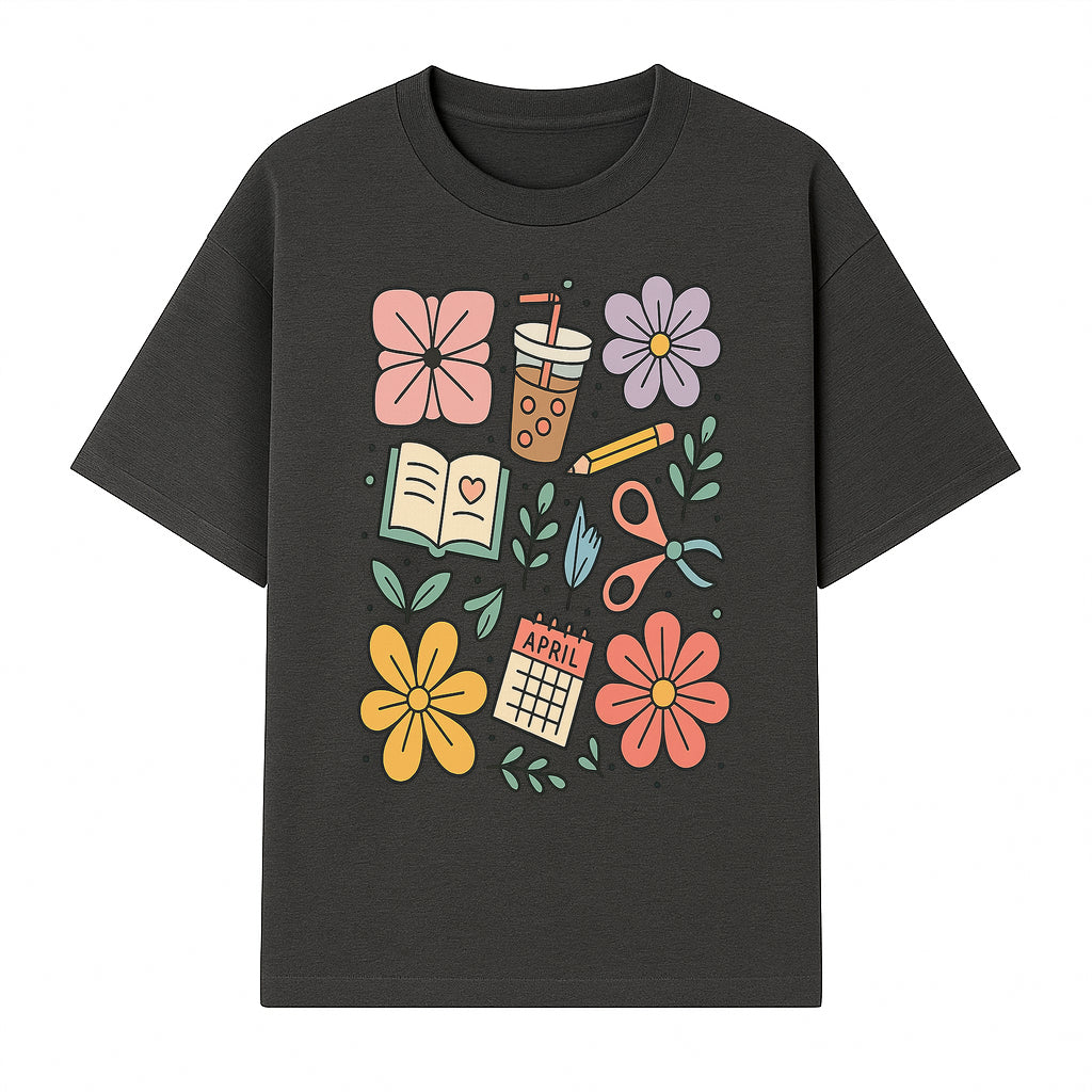 Colorful Spring Doodles Print - Flowers, Book, Scissors, Calendar - April Theme - Cute Stationery Decor - Wall Art for Home or Office - T-shirt 1758093361910.jpg
