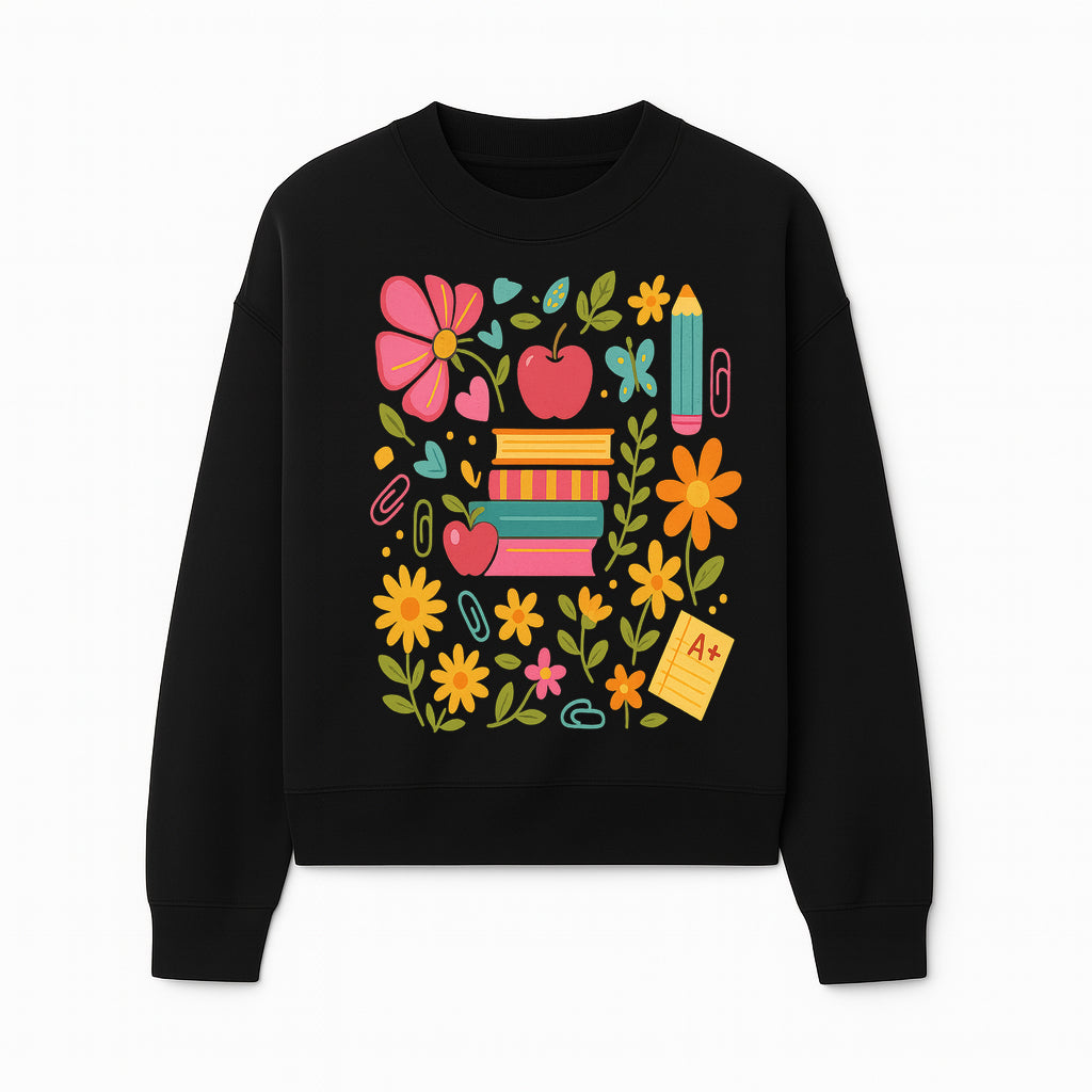 Colorful Back-to-School Illustration with Books, Flowers, and Apples, Perfect for Classroom Decor or Stationery - Sweatshirt 1758093362014.jpg