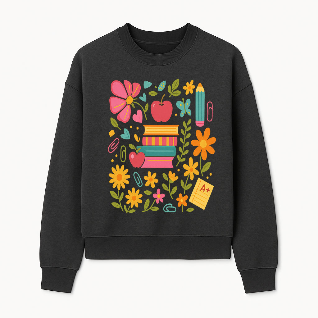 Colorful Back-to-School Illustration with Books, Flowers, and Apples, Perfect for Classroom Decor or Stationery - Sweatshirt 1758093362158.jpg